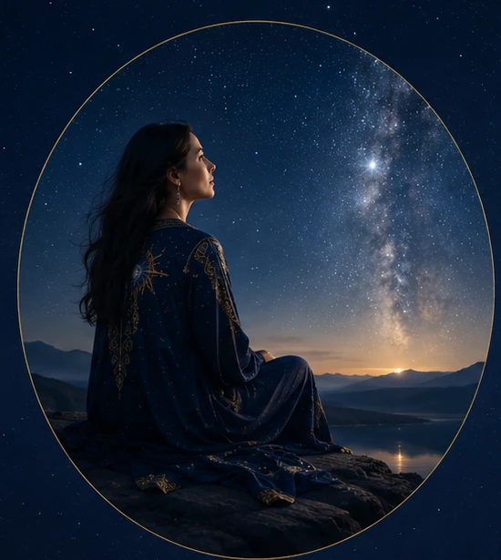 Mujer contemplando un cielo estrellado durante una práctica de reflexión