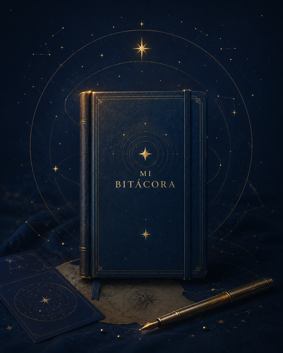 Ilustración vertical de una bitácora celestial con libro oscuro, símbolos astrales y luz dorada